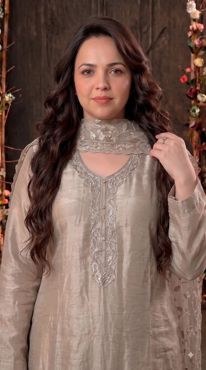 Premium Designer Ivory Taneria Suit with Silver Floral Embroidery & Embroidered Dupatta
