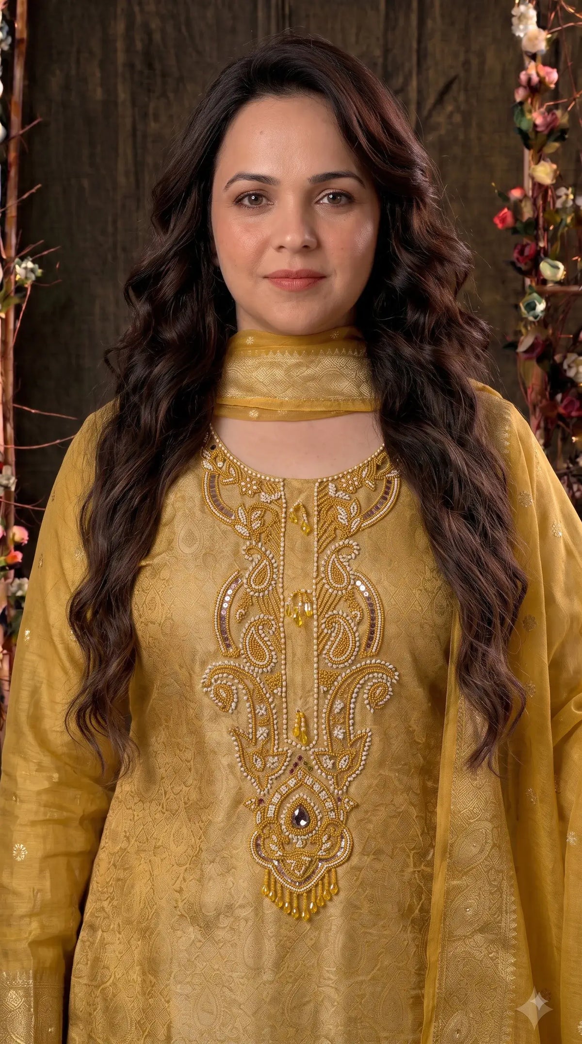 Pakistani Designer Yellow Shade Soft Tissue Suit with Bead & Paisley