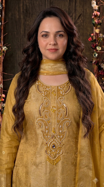 Pakistani Designer Yellow Shade Soft Tissue Suit with Bead & Paisley