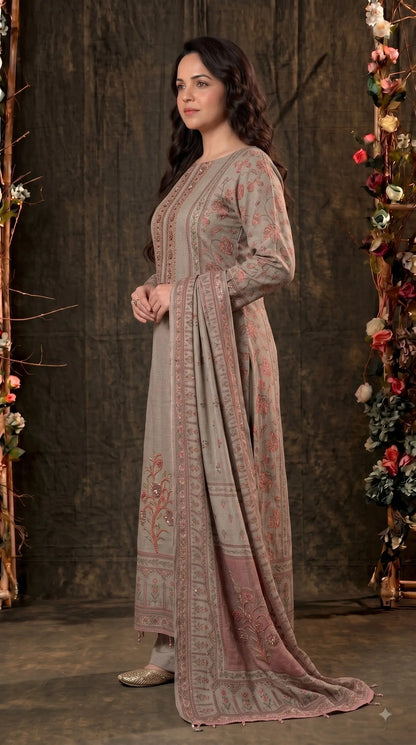 Pakistani Designer Grey Very Soft Tissue Suit with Pink Floral Pearl, Bead & Sequin Work