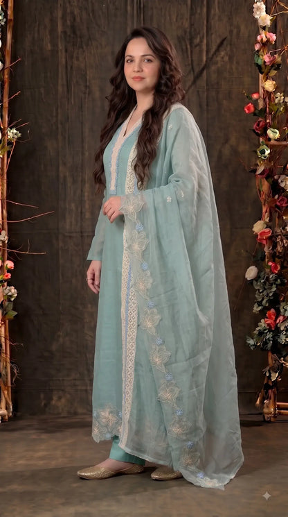 Pakistani Designer Soft Sage Green Pure Cotton Suit with Floral Embroidery, Lace & Pearl Detailing