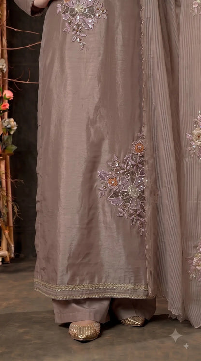 Premium Designer Mocha Taupe Organza Suit with 3D Floral Bead & Sequin Work