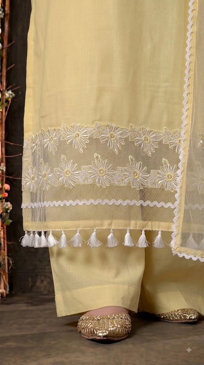 Premium Designer Soft Yellow Super Soft Cotton Suit with Elegant Floral Detailing