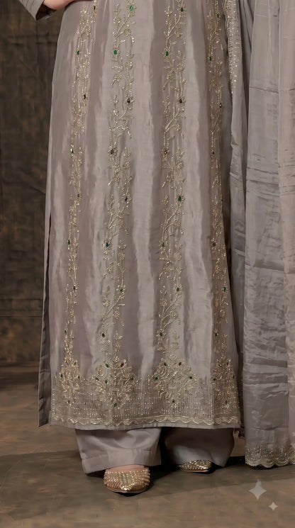 Premium Designer Misty Mauve Soft Tissue Suit with Elegant Stone Work