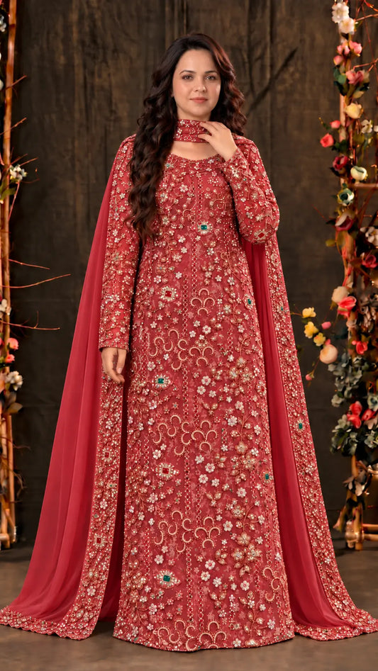 Royal Red Pakistani Organza Designer Suit with Handwork, Cutdana, Pearl & Sequin Detailing