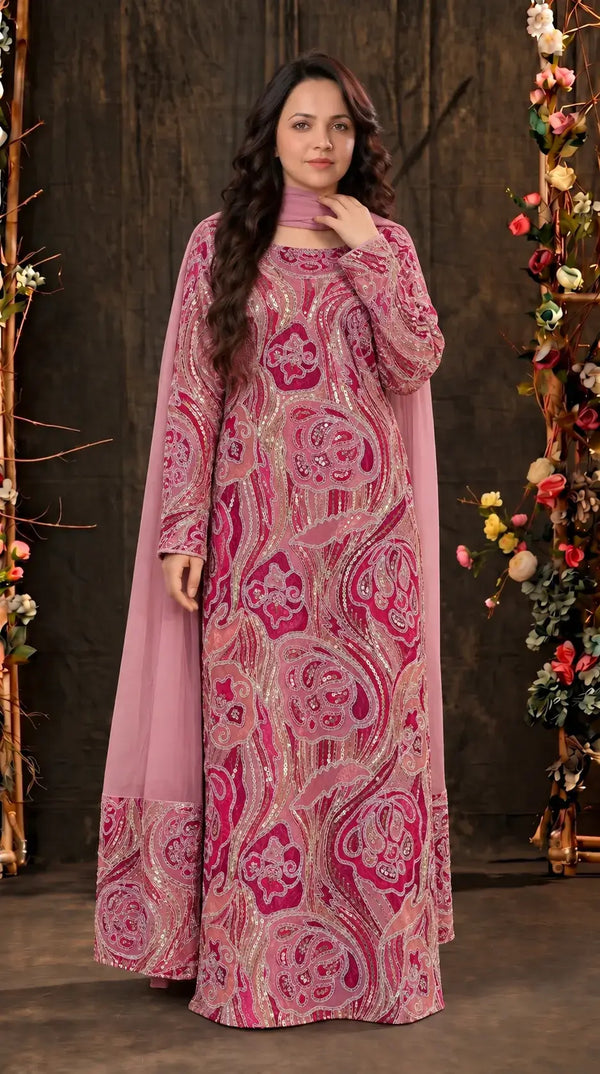 Pakistani Designer Pink Shade Organza Ethnic-Western Suit with Pearl, Bead & Sequin Work