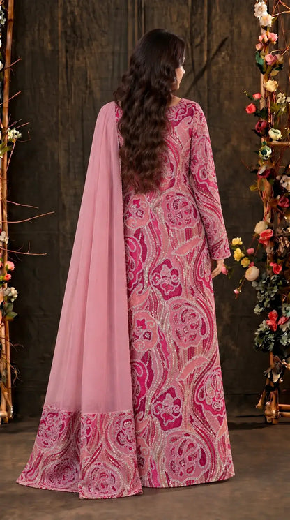 Pakistani Designer Pink Shade Organza Ethnic-Western Suit with Pearl, Bead & Sequin Work