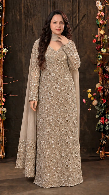 Premium Champagne Organza Ethnic-Western Pakistani Designer Suit with Floral Embroidery, Pearl, Cutdana & Sequin Handwork