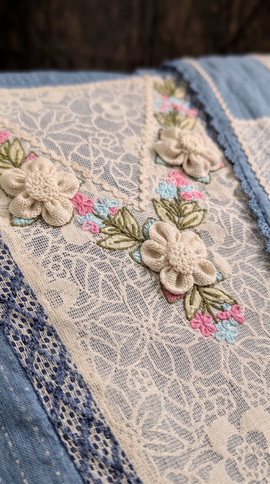 Premium Designer Blue Pakistani Mull Cotton Suit with Floral Embroidery & Lace Work