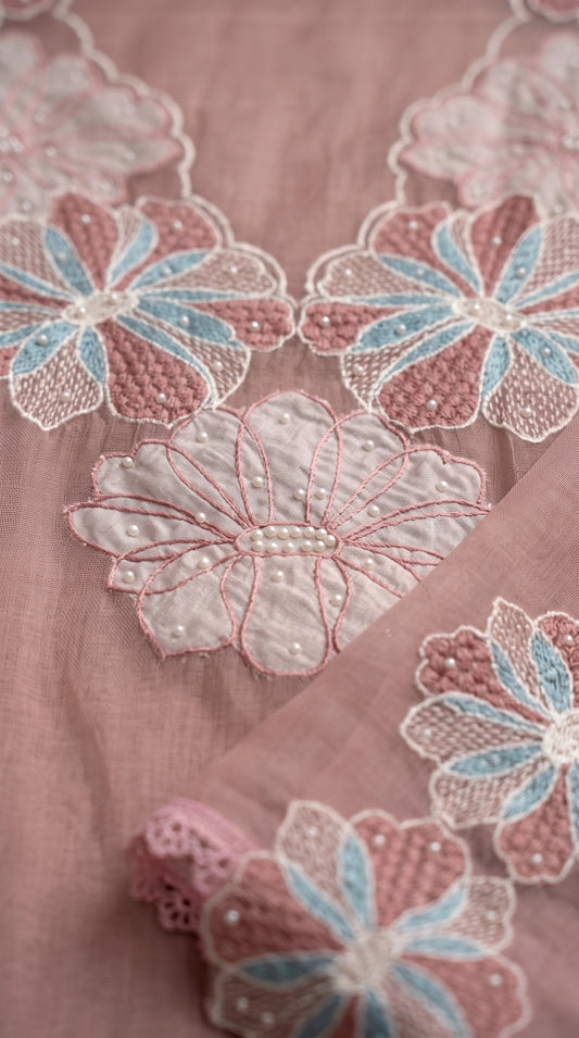 Pink Premium Linen Cotton Pakistani Suit with Pearl Floral Embroidery & Lace Work