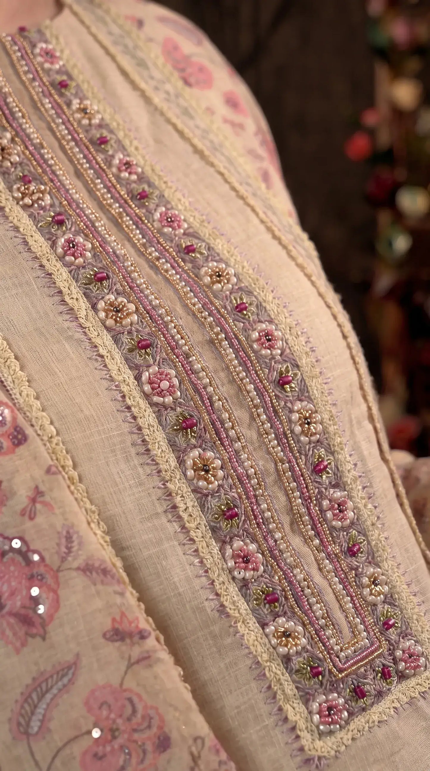 Beige Khaddi Designer Suit with Pearl Detailing