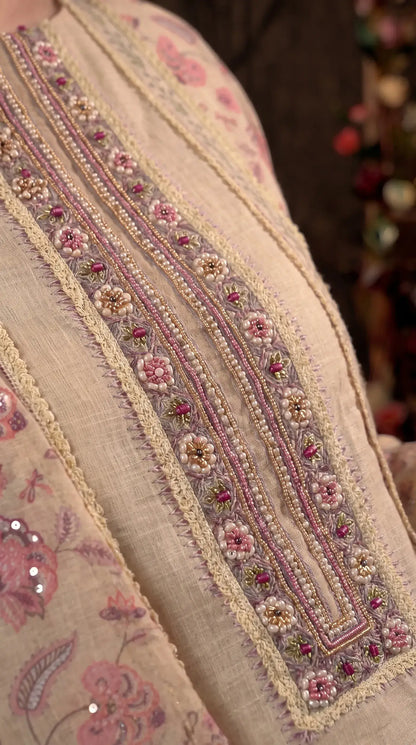 Beige Khaddi Designer Suit with Pearl Detailing