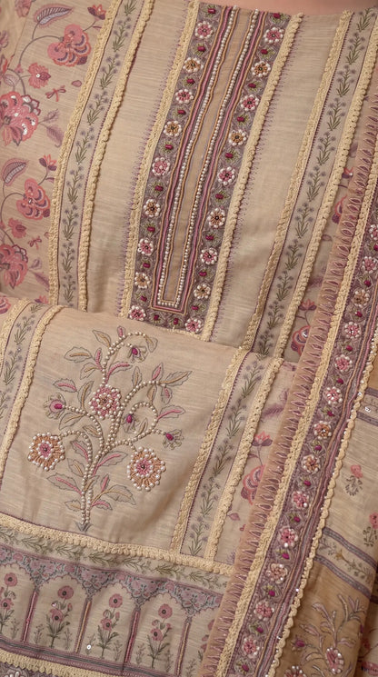 Beige Khaddi Designer Suit with Pearl Detailing