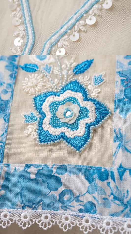 Ivory Blue Floral Designer Suit with Boutique Finish