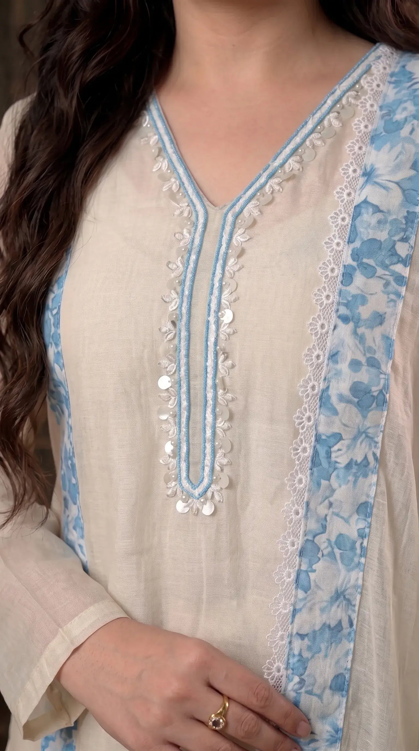 Ivory Blue Floral Designer Suit with Boutique Finish