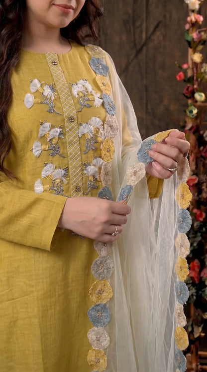 Mustard Yellow Designer Cotton Suit with Boutique Finish