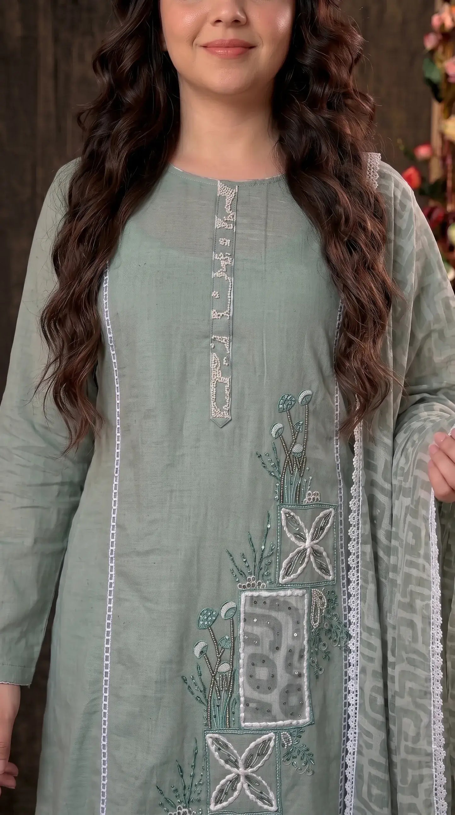 Sage Green Cotton Suit with Embroidered Panel & Printed Dupatta