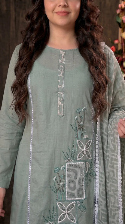 Sage Green Cotton Suit with Embroidered Panel & Printed Dupatta