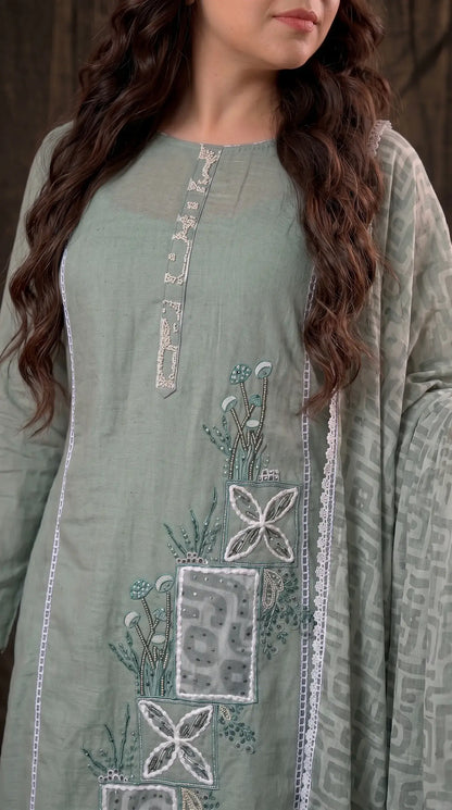 Sage Green Cotton Suit with Embroidered Panel & Printed Dupatta