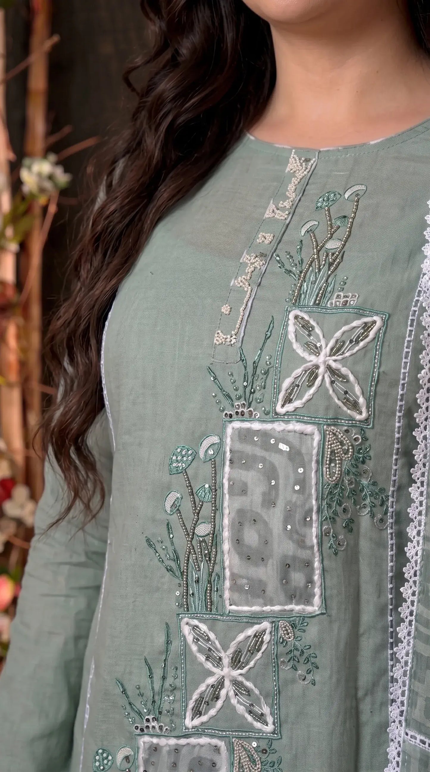 Sage Green Cotton Suit with Embroidered Panel & Printed Dupatta