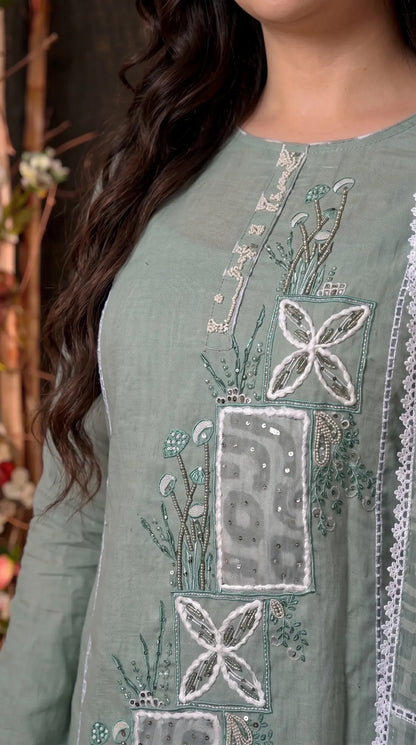 Sage Green Cotton Suit with Embroidered Panel & Printed Dupatta