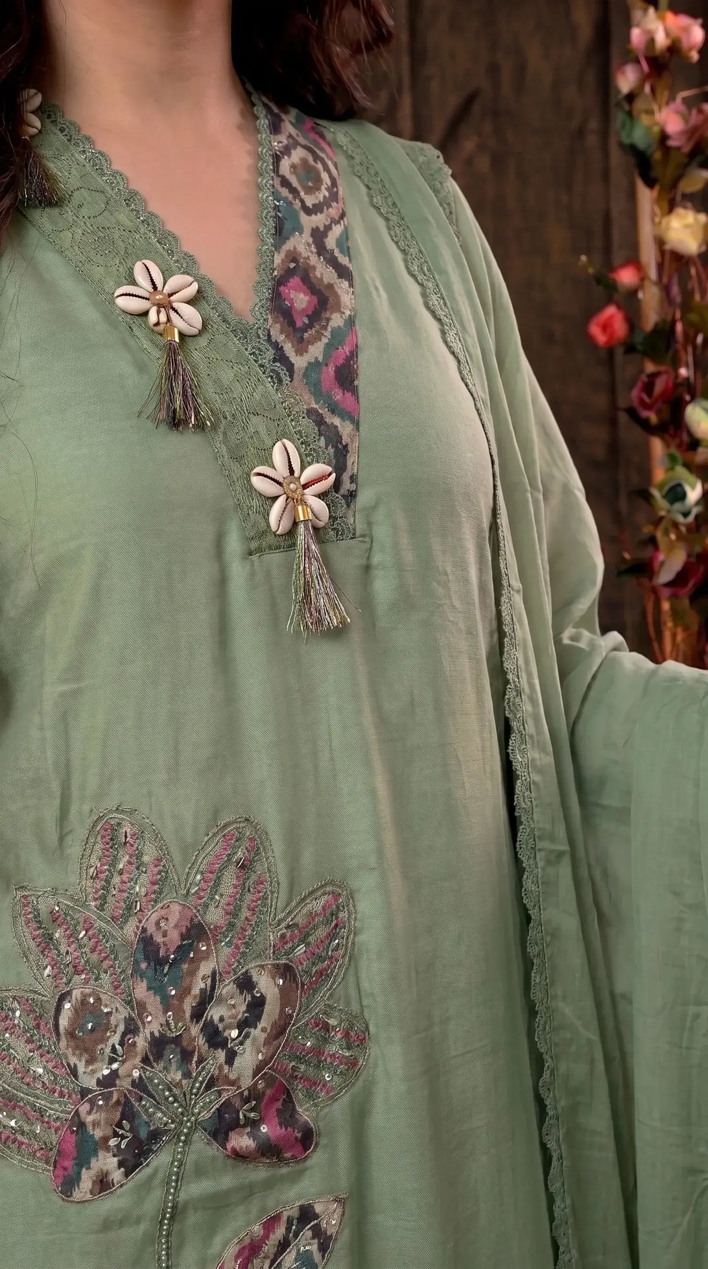 Green designer Suit with Floral Appliqué & Lace Detailing