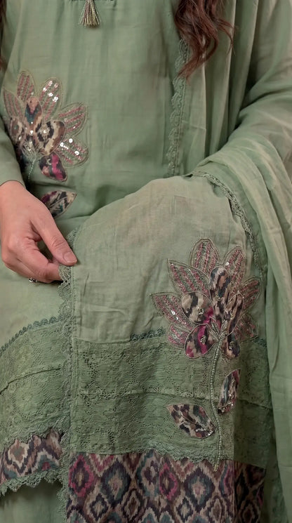 Green designer Suit with Floral Appliqué & Lace Detailing