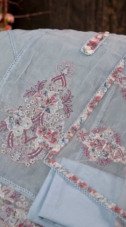 Floral Embroidered sky blue Suit with Pearl Handwork