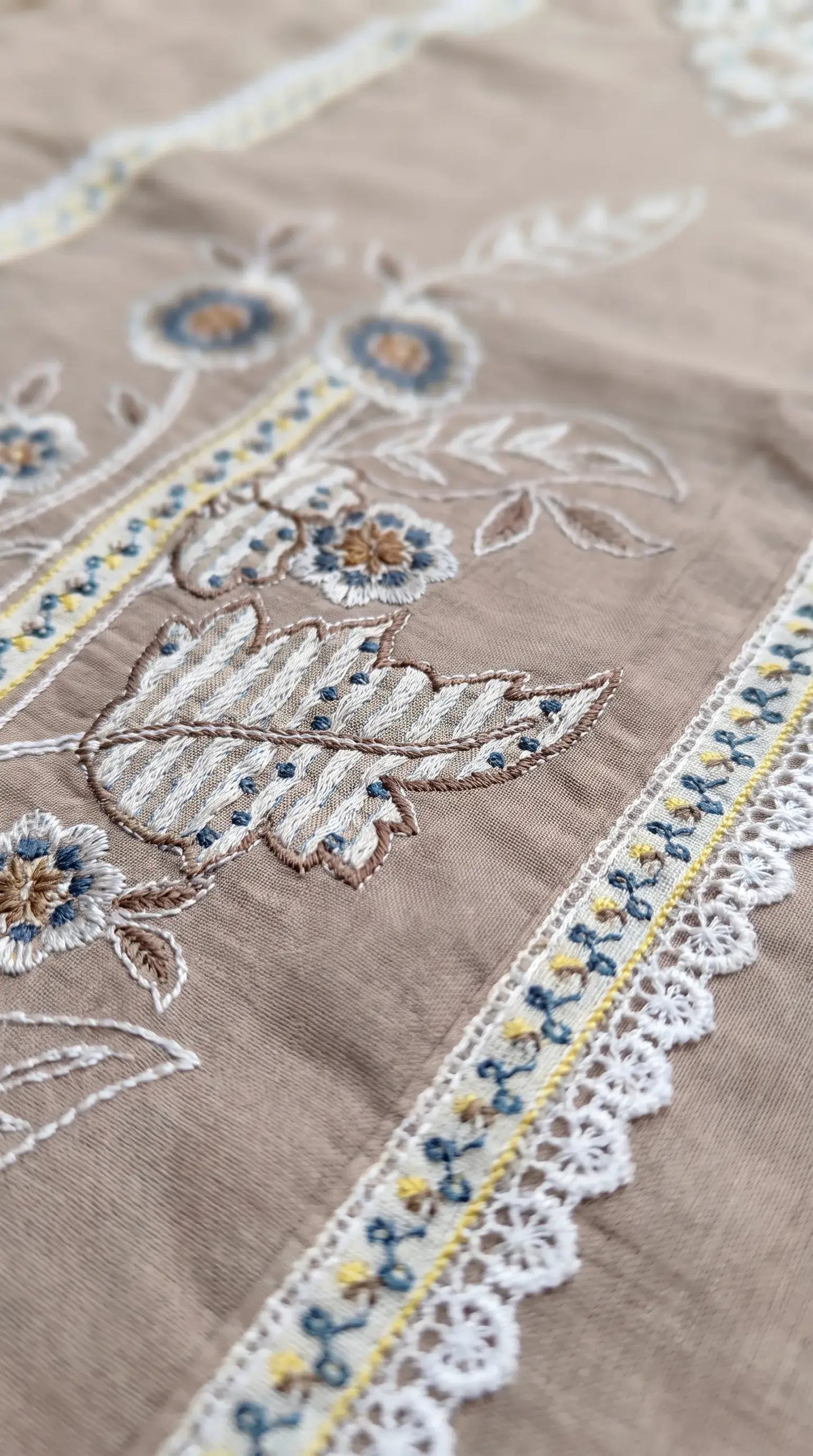 Ivory Mull Cotton Suit with Floral Embroidery & Embroidered Dupatta