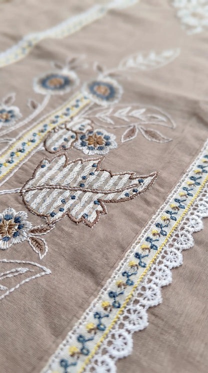 Ivory Mull Cotton Suit with Floral Embroidery & Embroidered Dupatta