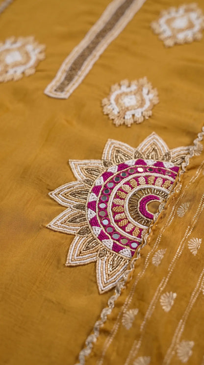 Mustard Soft Tissue Embroidered Designer Suit