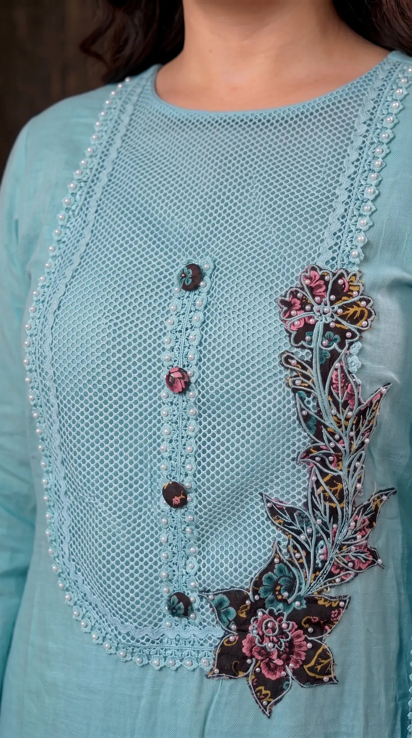 Ice Blue Floral Embroidered Designer Suit