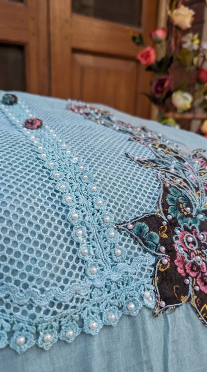 Ice Blue Floral Embroidered Designer Suit