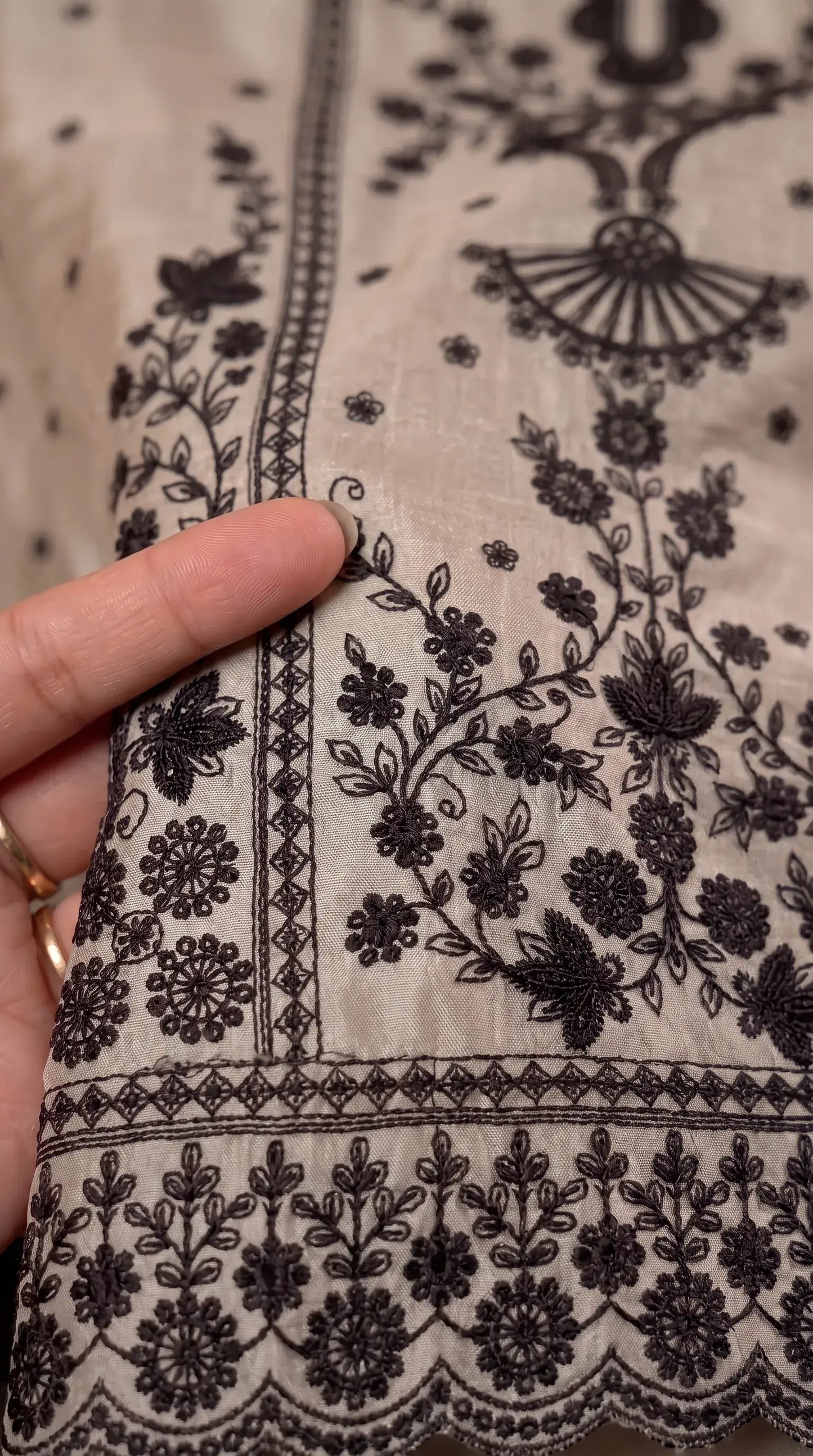 Premium Designer Ivory Tissue Suit with Black Hand Embroidery & Pearl Work