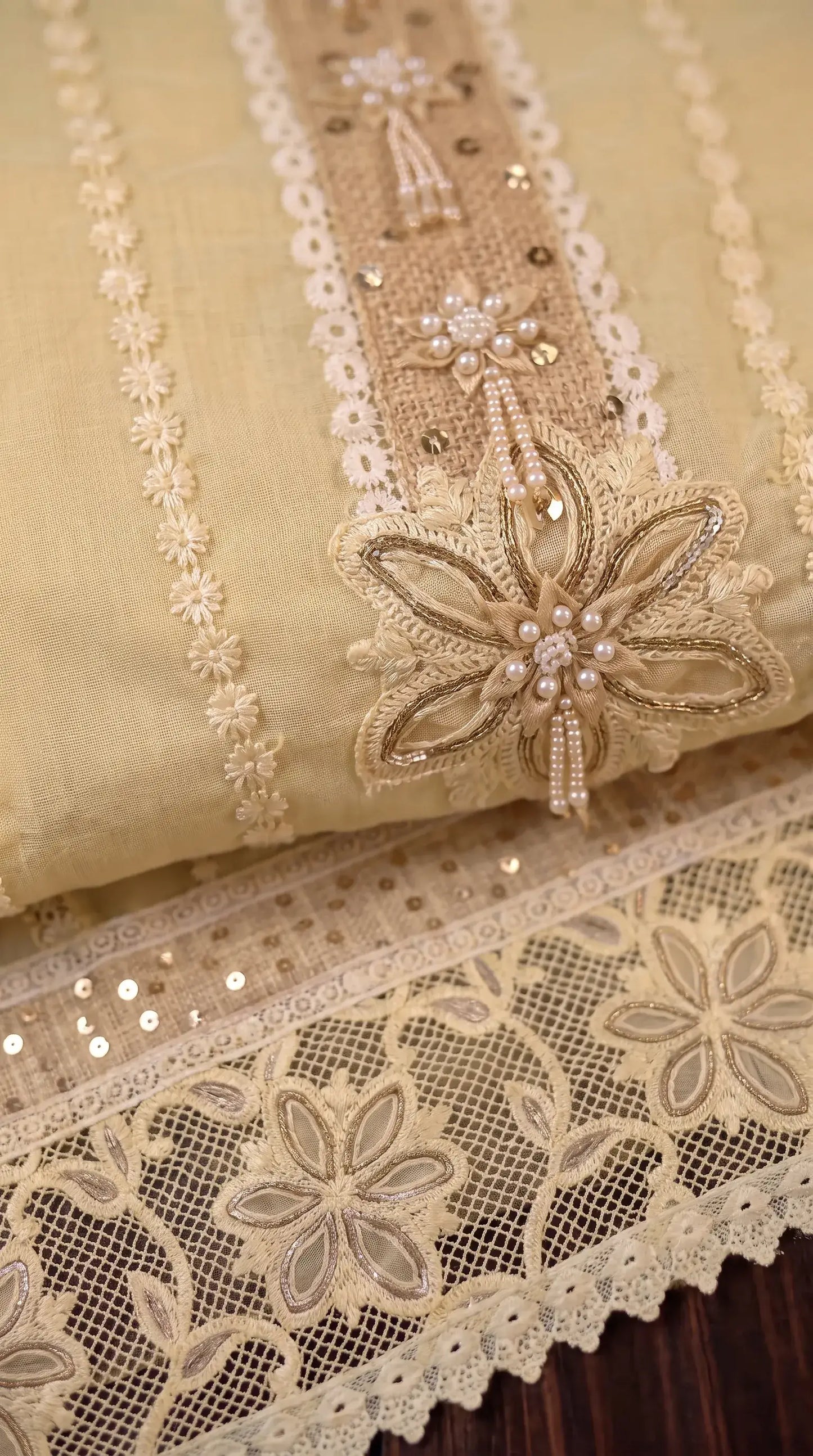 Premium Designer Butter Yellow Mal Chanderi Pearl-Work Suit