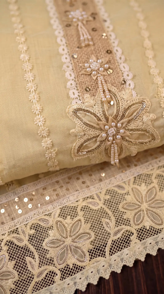 Premium Designer Butter Yellow Mal Chanderi Pearl-Work Suit