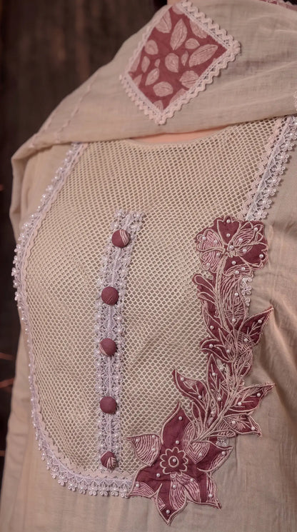 Premium Designer Soft Beige Pearl-Work Embroidered Suit