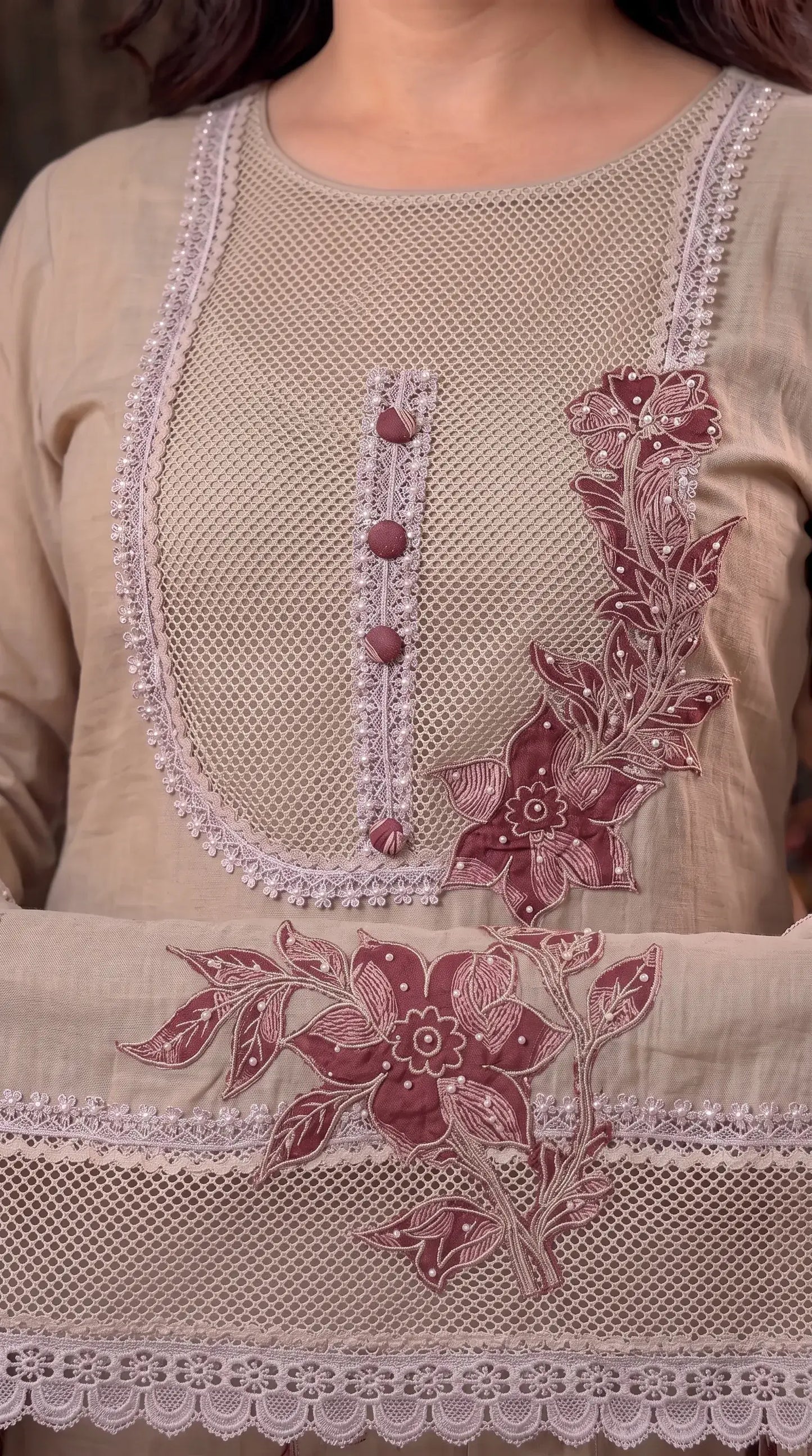 Premium Designer Soft Beige Pearl-Work Embroidered Suit