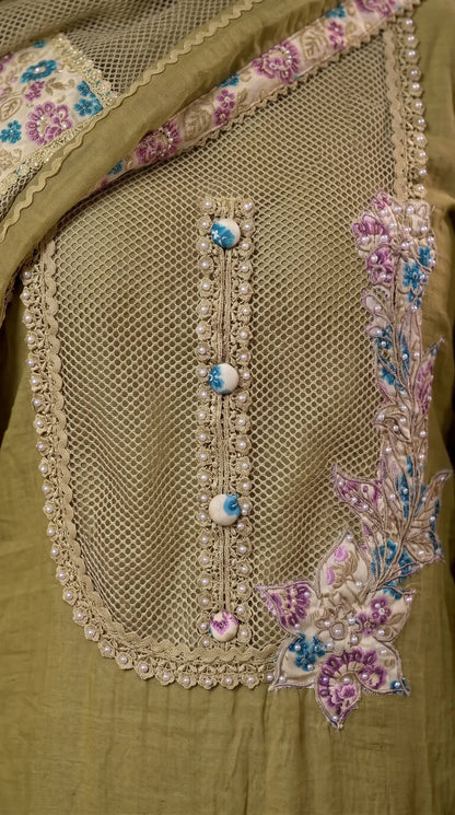 Premium Designer Olive Green Mul Pakistani Designer Suit