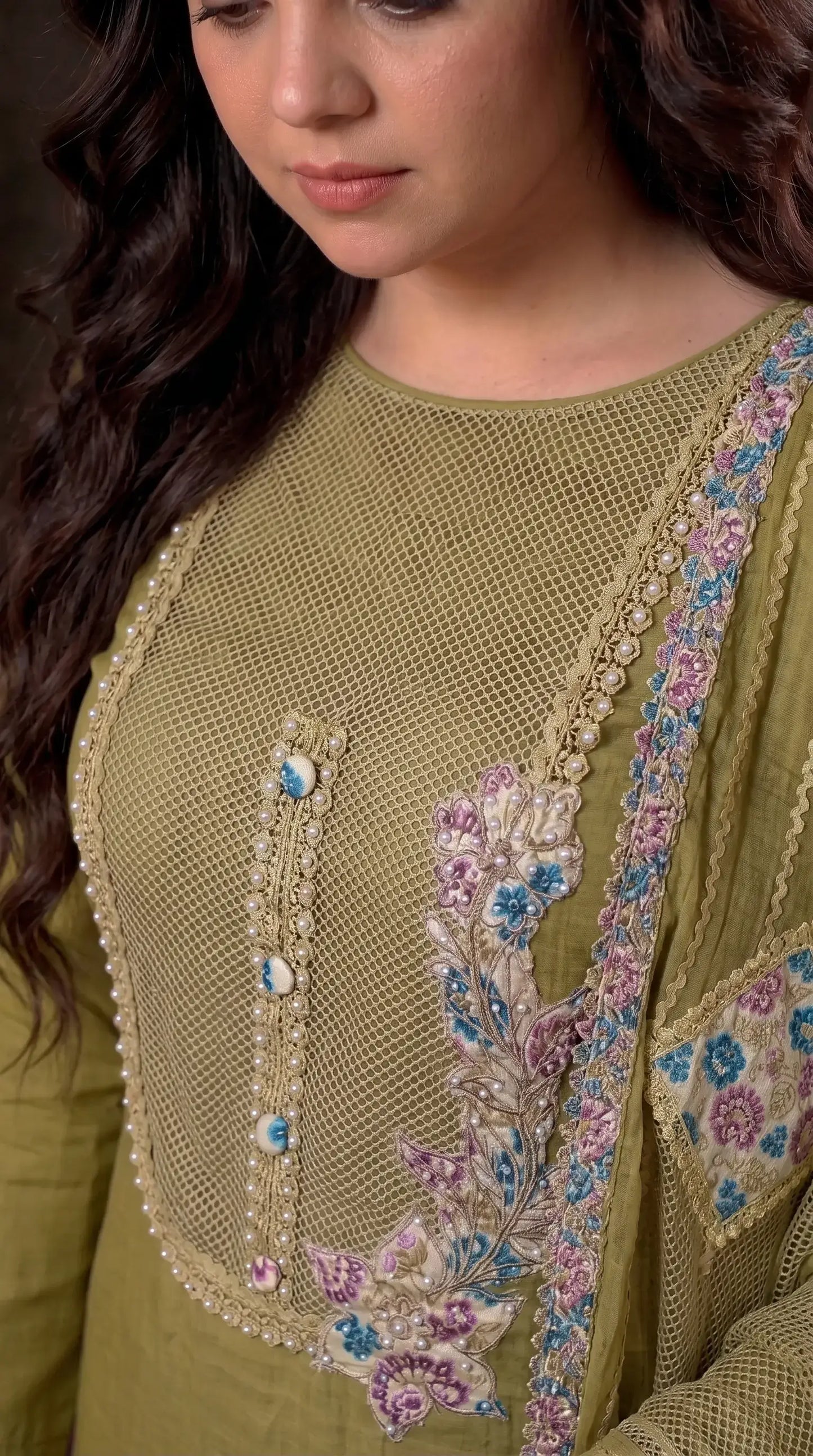 Premium Designer Olive Green Mul Pakistani Designer Suit
