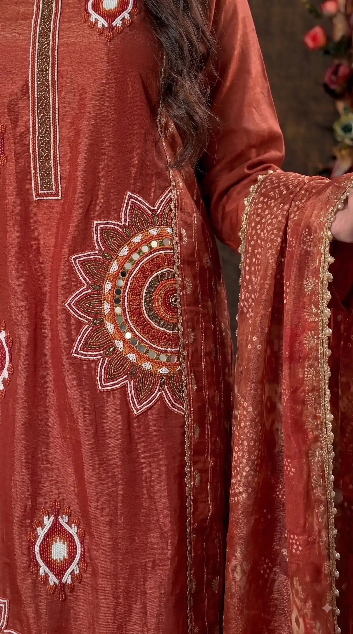 Premium Designer Rust Tissue Suit with Hand-Beaded Embroidery