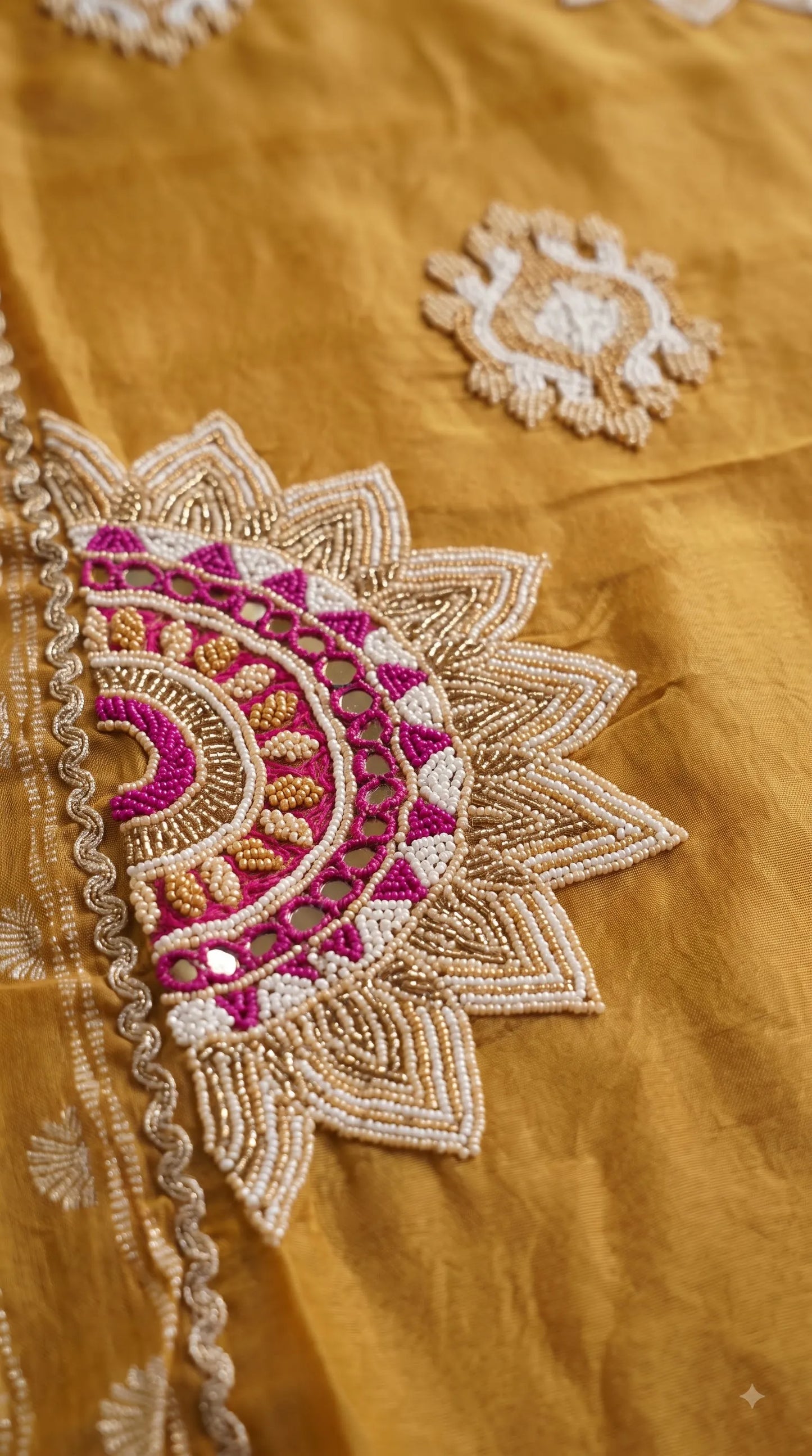 Premium Tissue Mustard Designer Suit with Pearl Detailing