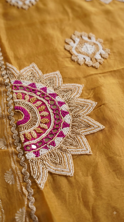 Premium Tissue Mustard Designer Suit with Pearl Detailing