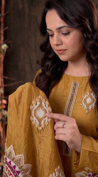 Premium Tissue Mustard Designer Suit with Pearl Detailing