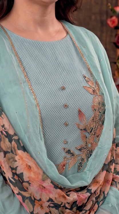 Premium Designer Aqua Blue Tissue Pakistani Designer Suit