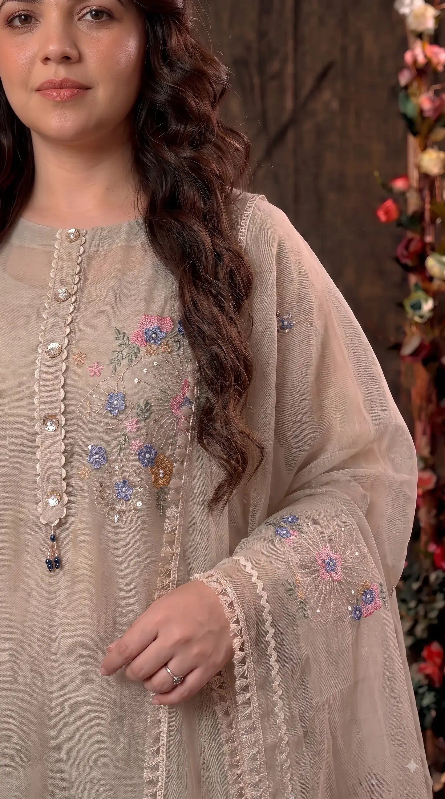 Premium Designer Beige Kota Pakistani Suit with Floral Embroidery