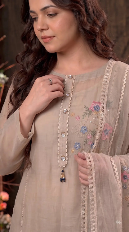 Premium Designer Beige Kota Pakistani Suit with Floral Embroidery
