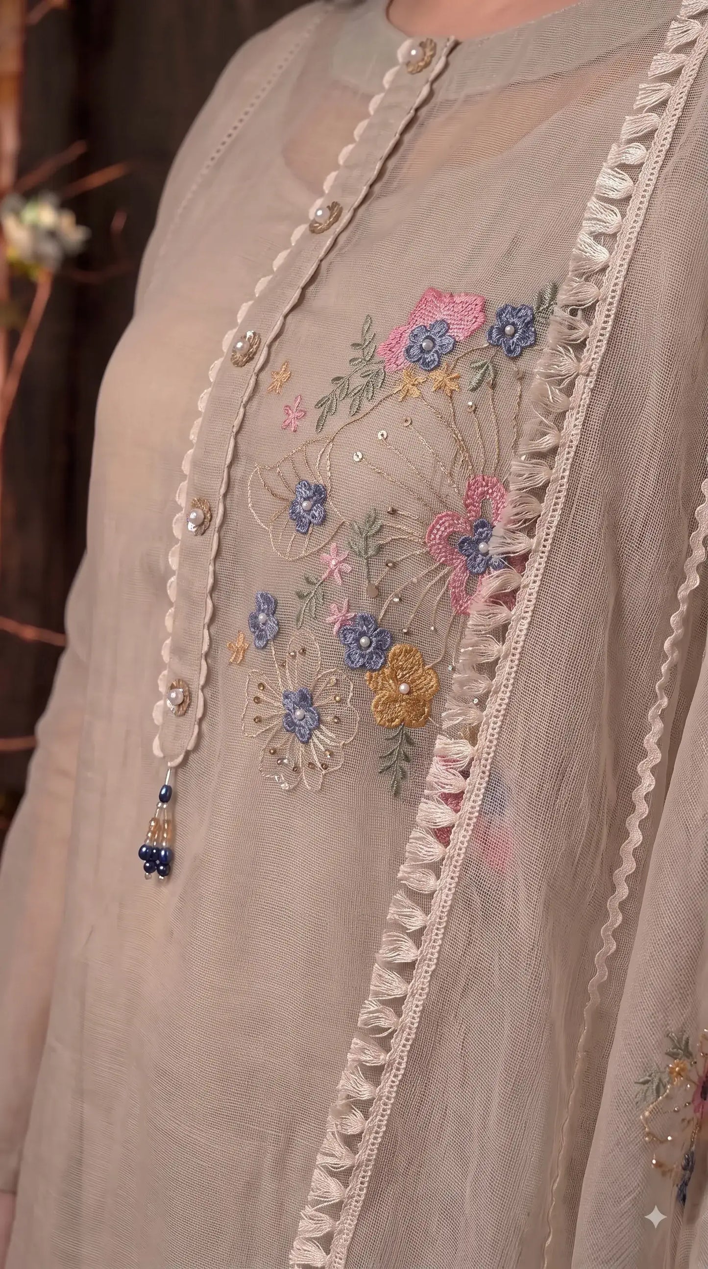 Premium Designer Beige Kota Pakistani Suit with Floral Embroidery
