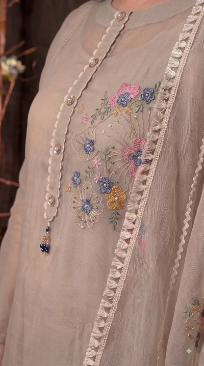 Premium Designer Beige Kota Pakistani Suit with Floral Embroidery