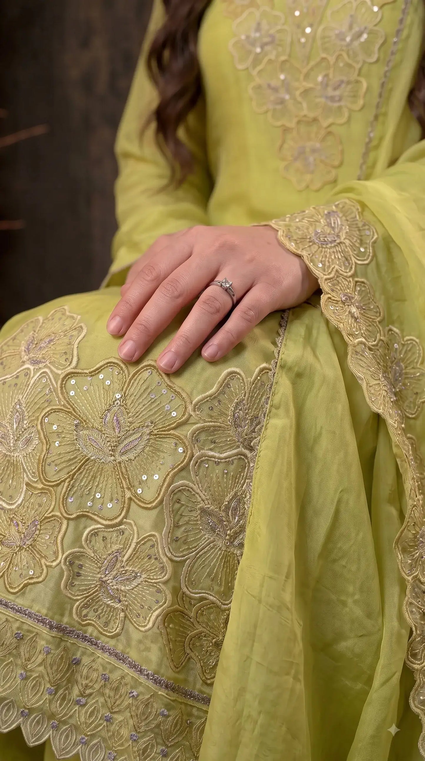 Premium Designer Lime Silk Pakistani Suit with Golden Floral Embroidery